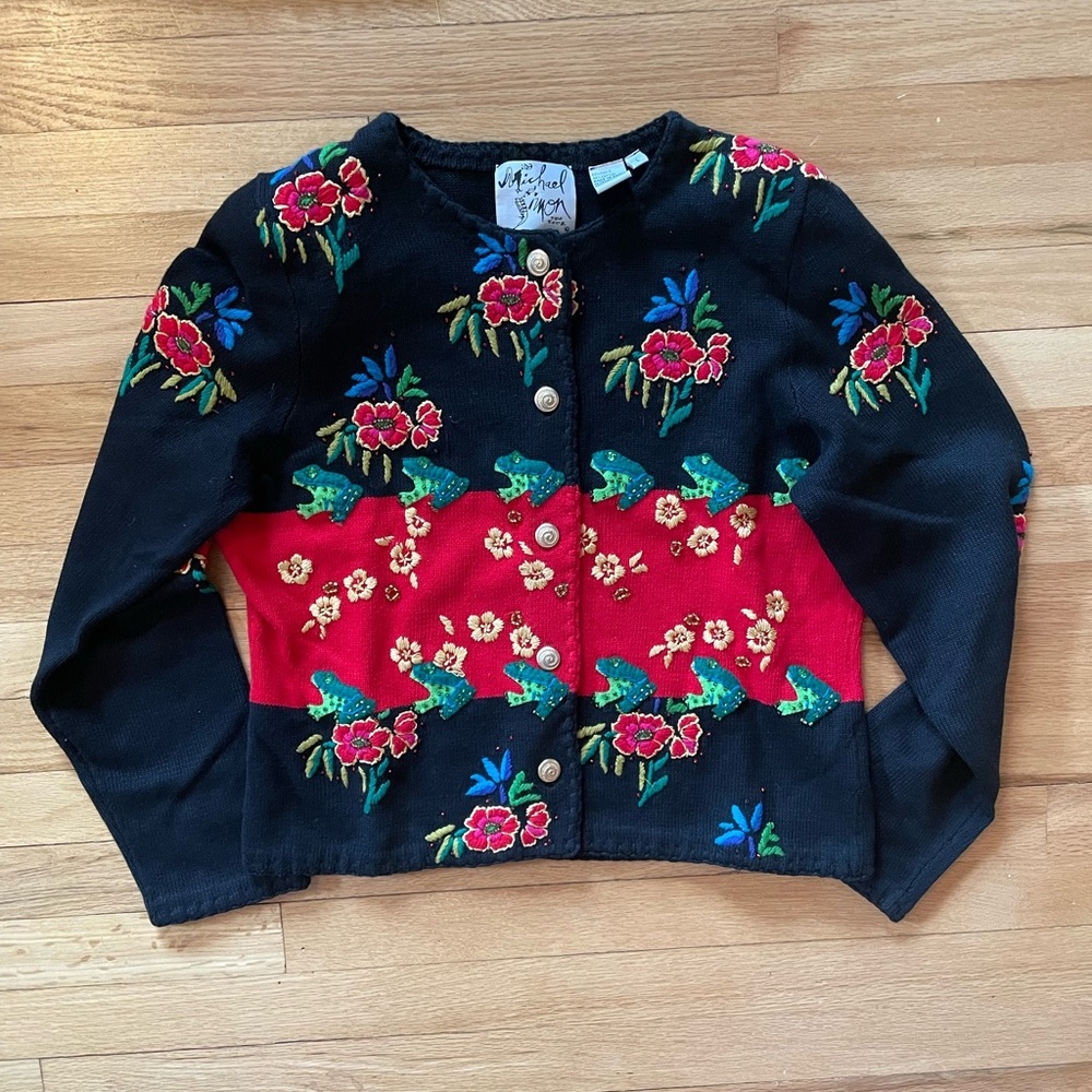 Vtg Michael Simon Ramie Cotton Frog & Floral Buttoned Cardigan Sweater Size L